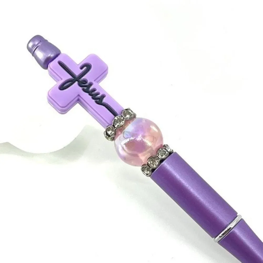 Jesus cross Christ Christian handmade pen NEW beads rhinestone bling lavender pu